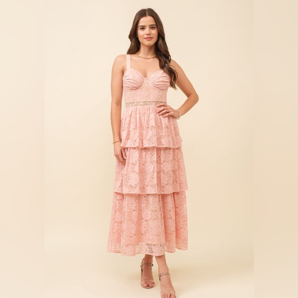 Tiered Lace Midi Dress in Blush Pink